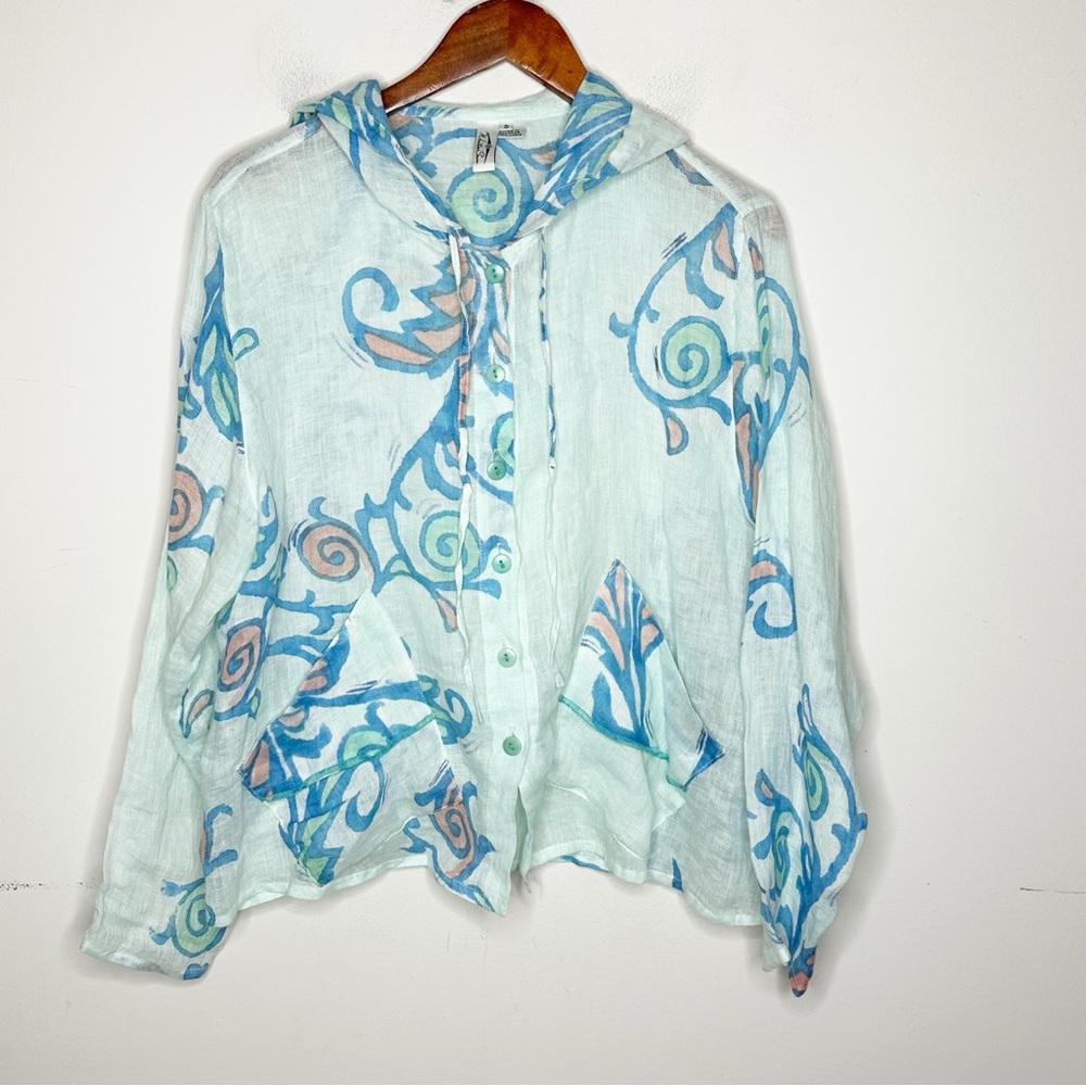 Winter Sun 100% Linen Size Small Lagenlook Art to Wear Hooded Button Floral Top
